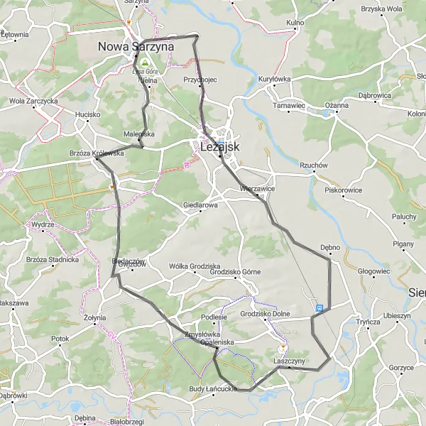 Miniatura mapy "Trasa rowerowa Leżajsk - Chodaczów - Kmiecie - Łysa Góra" - trasy rowerowej w Podkarpackie, Poland. Wygenerowane przez planer tras rowerowych Tarmacs.app