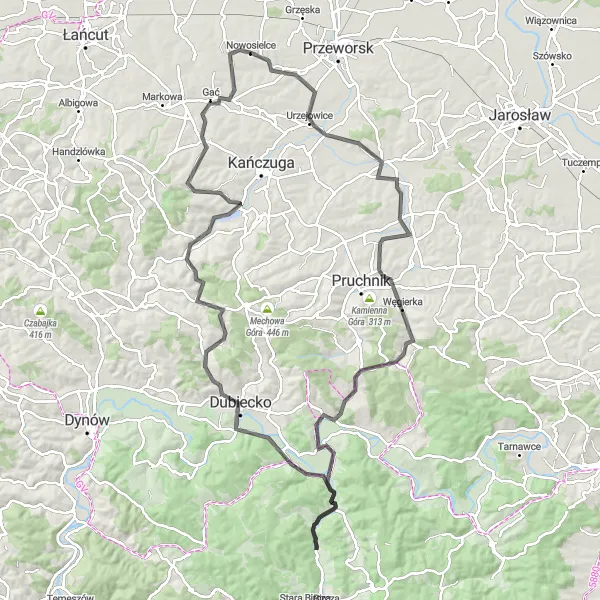 Map miniature of "The Rolling Hills of Podkarpackie" cycling inspiration in Podkarpackie, Poland. Generated by Tarmacs.app cycling route planner