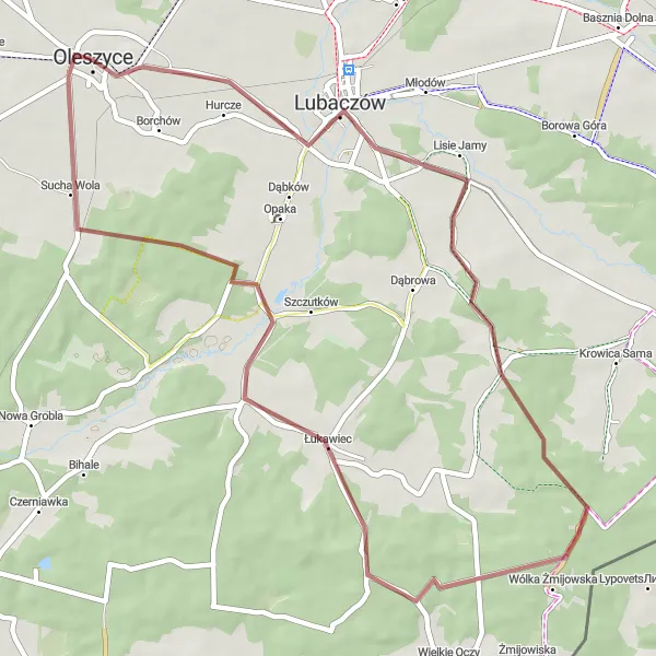 Miniatura mapy "Trasa rowerowa Oleszyce - Lubaczów - Łukawiec - Oleszyce" - trasy rowerowej w Podkarpackie, Poland. Wygenerowane przez planer tras rowerowych Tarmacs.app
