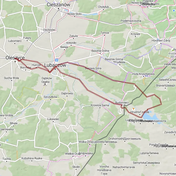 Map miniature of "Scenic Gravel Cycling Route" cycling inspiration in Podkarpackie, Poland. Generated by Tarmacs.app cycling route planner