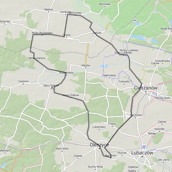 Map miniature of "Oleszyce Road Route" cycling inspiration in Podkarpackie, Poland. Generated by Tarmacs.app cycling route planner