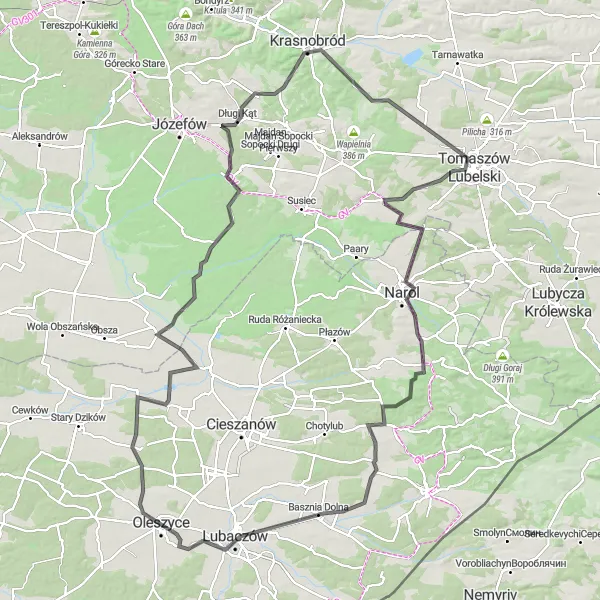 Map miniature of "Challenging Road Cycling Route" cycling inspiration in Podkarpackie, Poland. Generated by Tarmacs.app cycling route planner