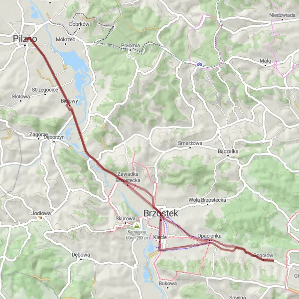 Map miniature of "Bielowy - Brzostek Gravel Adventure" cycling inspiration in Podkarpackie, Poland. Generated by Tarmacs.app cycling route planner