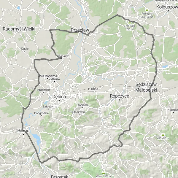 Map miniature of "Scenic Road Route to Dobrynin and Siedliska-Bogusz" cycling inspiration in Podkarpackie, Poland. Generated by Tarmacs.app cycling route planner