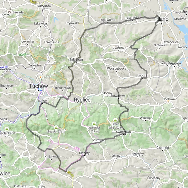 Map miniature of "Pilzno - Gilowa Góra Loop" cycling inspiration in Podkarpackie, Poland. Generated by Tarmacs.app cycling route planner