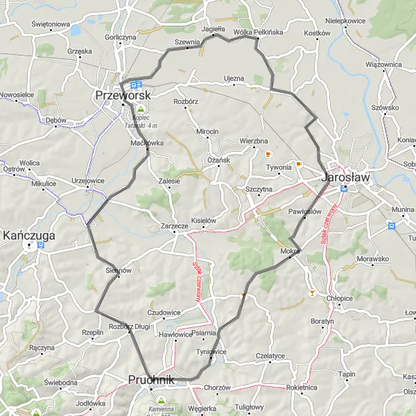 Map miniature of "Pełkinie and Pawłosiów Road Expedition" cycling inspiration in Podkarpackie, Poland. Generated by Tarmacs.app cycling route planner