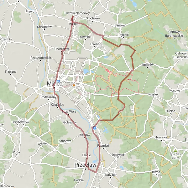 Map miniature of "The Gravel Adventure to Rzemień" cycling inspiration in Podkarpackie, Poland. Generated by Tarmacs.app cycling route planner