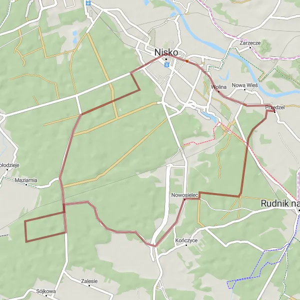 Map miniature of "Nisko Nature Adventure" cycling inspiration in Podkarpackie, Poland. Generated by Tarmacs.app cycling route planner