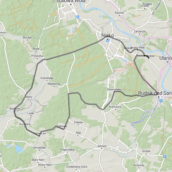 Map miniature of "The Road to Nisko and Skrzyńska Góra" cycling inspiration in Podkarpackie, Poland. Generated by Tarmacs.app cycling route planner