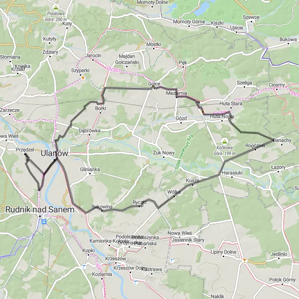 Map miniature of "Przędzel Round-Trip Cycling Route" cycling inspiration in Podkarpackie, Poland. Generated by Tarmacs.app cycling route planner