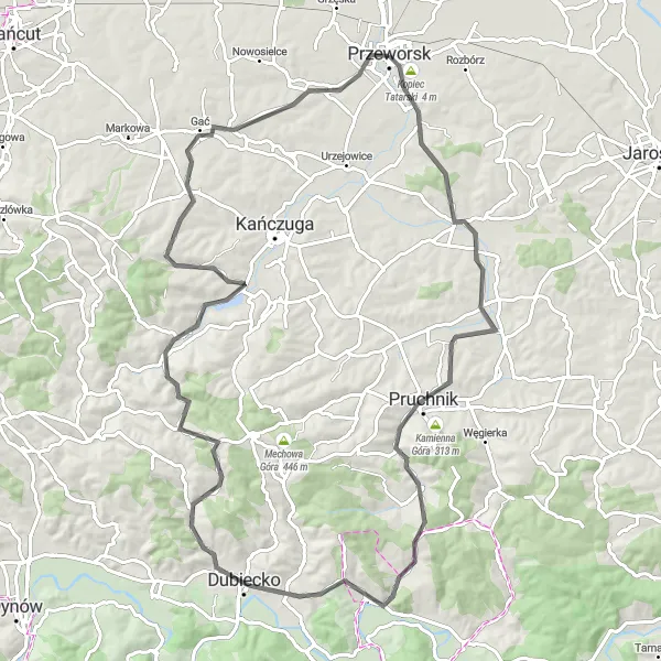 Map miniature of "Przeworsk Loop" cycling inspiration in Podkarpackie, Poland. Generated by Tarmacs.app cycling route planner