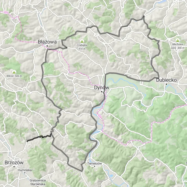 Map miniature of "Przysietnica Panorama" cycling inspiration in Podkarpackie, Poland. Generated by Tarmacs.app cycling route planner