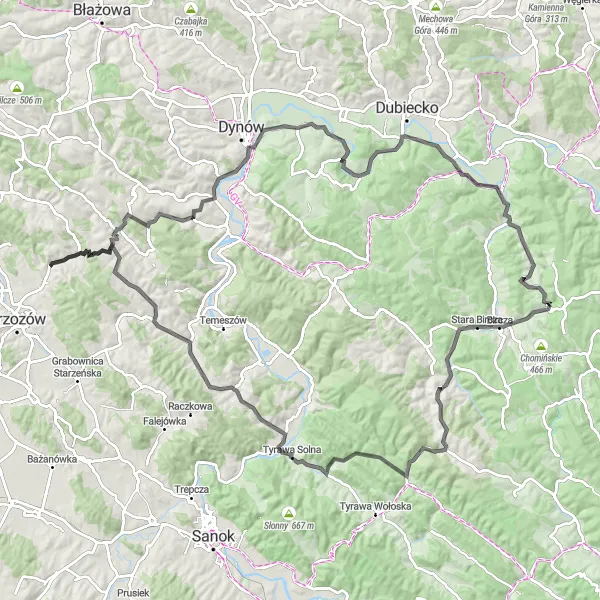 Map miniature of "Podkarpackie Mountains Adventure" cycling inspiration in Podkarpackie, Poland. Generated by Tarmacs.app cycling route planner