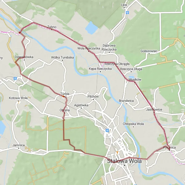 Map miniature of "The Forest Path" cycling inspiration in Podkarpackie, Poland. Generated by Tarmacs.app cycling route planner