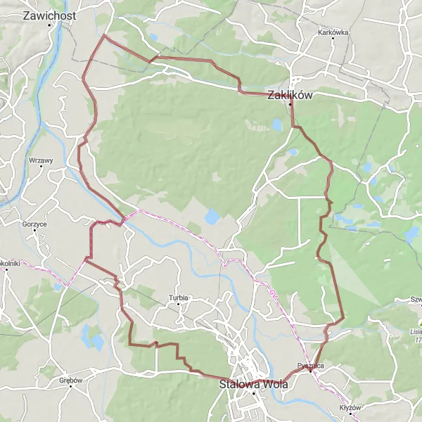 Map miniature of "Rural Gravel Adventure" cycling inspiration in Podkarpackie, Poland. Generated by Tarmacs.app cycling route planner