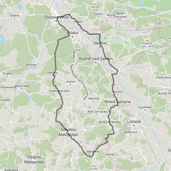 Map miniature of "Stalowa Wola Epic Road Ride" cycling inspiration in Podkarpackie, Poland. Generated by Tarmacs.app cycling route planner