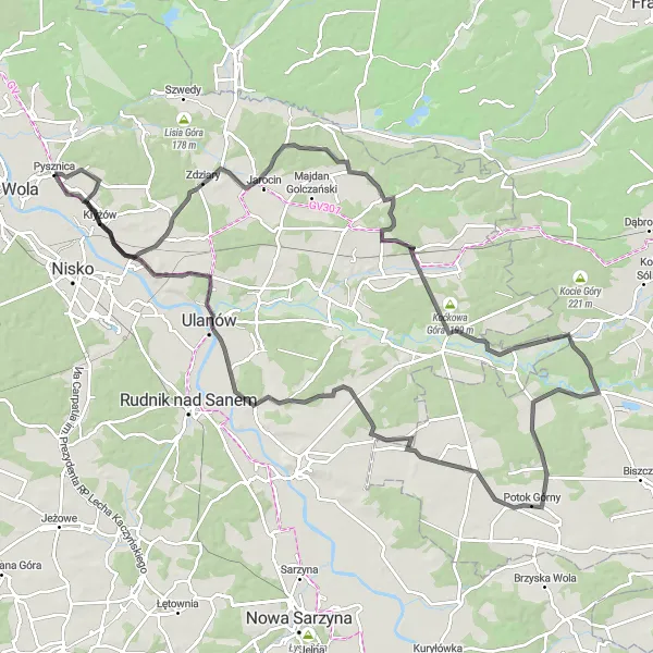 Map miniature of "Zdziary Loop" cycling inspiration in Podkarpackie, Poland. Generated by Tarmacs.app cycling route planner