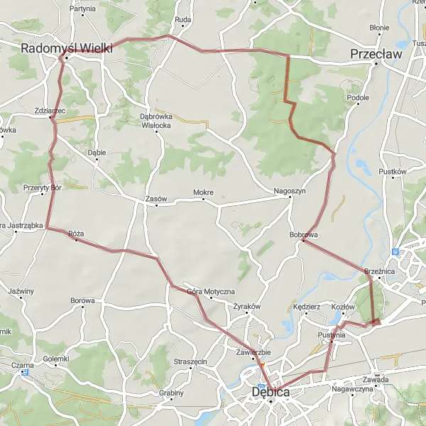 Miniatura mapy "Szlak Gravelowy przez Korzeniów, Pustynię i Radomyśl Wielki" - trasy rowerowej w Podkarpackie, Poland. Wygenerowane przez planer tras rowerowych Tarmacs.app