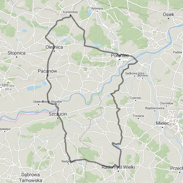 Map miniature of "Elevating Journey to Słupia through Radgoszcz" cycling inspiration in Podkarpackie, Poland. Generated by Tarmacs.app cycling route planner