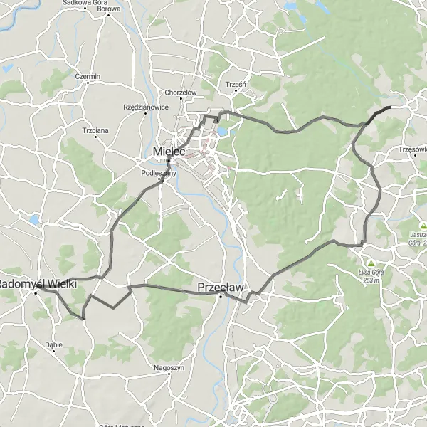 Map miniature of "Mielec, Góra Cyranowska, and Dobrynin Road Loop" cycling inspiration in Podkarpackie, Poland. Generated by Tarmacs.app cycling route planner