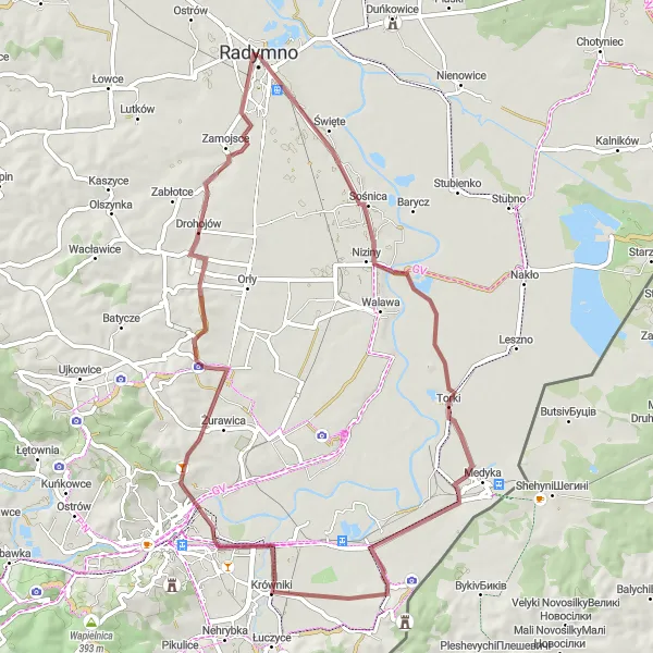 Map miniature of "Radymno-Torki-Krówniki-Taras widokowy Winna Góra-Fort XI Dunkowiczki-Skołoszów Route" cycling inspiration in Podkarpackie, Poland. Generated by Tarmacs.app cycling route planner