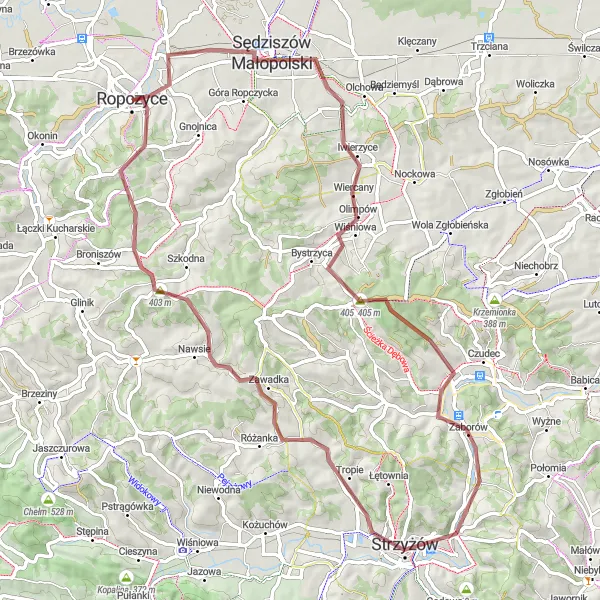 Miniatura mapy "Trasa Gravelowa dookoła Ropczyc" - trasy rowerowej w Podkarpackie, Poland. Wygenerowane przez planer tras rowerowych Tarmacs.app
