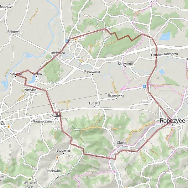 Map miniature of "Ropczyce's Gravel Delight" cycling inspiration in Podkarpackie, Poland. Generated by Tarmacs.app cycling route planner
