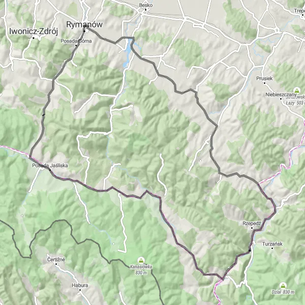 Map miniature of "Exploring Bukowsko and Beyond" cycling inspiration in Podkarpackie, Poland. Generated by Tarmacs.app cycling route planner