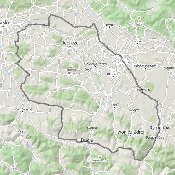 Map miniature of "Rymanów and the Synagogue" cycling inspiration in Podkarpackie, Poland. Generated by Tarmacs.app cycling route planner