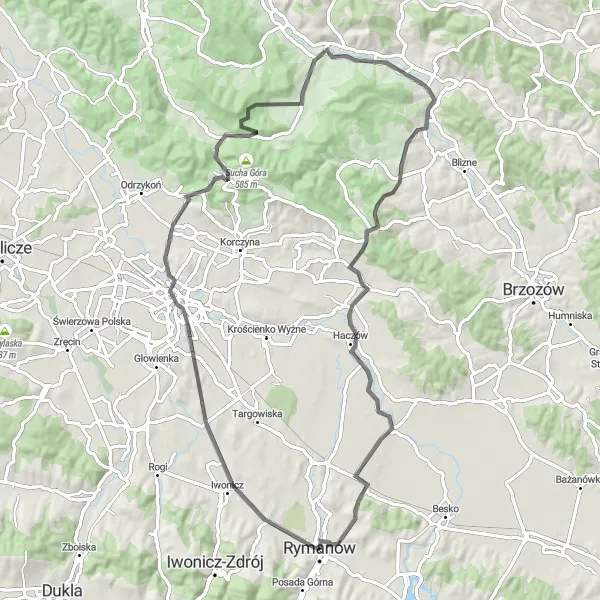 Map miniature of "Miejsce Piastowe Adventure" cycling inspiration in Podkarpackie, Poland. Generated by Tarmacs.app cycling route planner