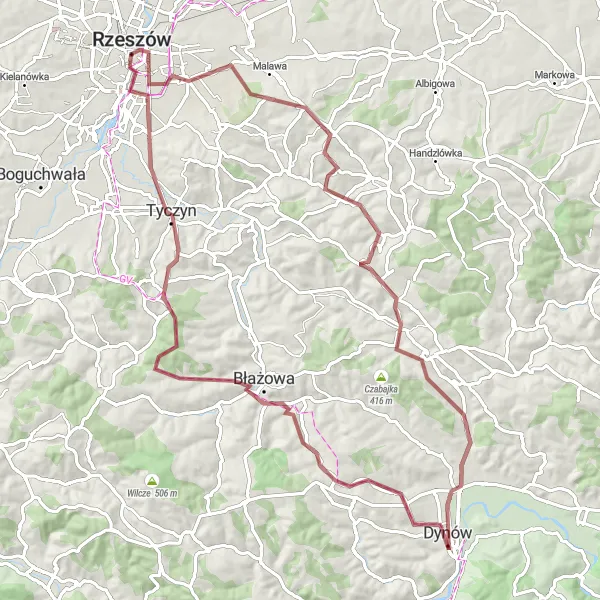Map miniature of "Rzeszów - Maria Magdalena - Dylągówka - Dynów - Ostry Dział - Błażowa - Zamek Lubomirskich - Rzeszów" cycling inspiration in Podkarpackie, Poland. Generated by Tarmacs.app cycling route planner