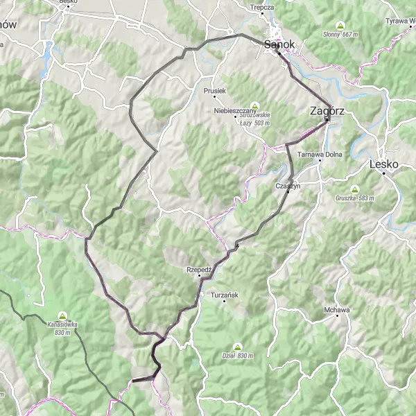 Map miniature of "Sanok Road Challenge" cycling inspiration in Podkarpackie, Poland. Generated by Tarmacs.app cycling route planner