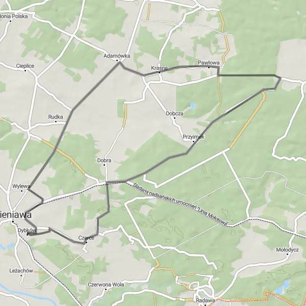 Map miniature of "Discovering Dybków" cycling inspiration in Podkarpackie, Poland. Generated by Tarmacs.app cycling route planner