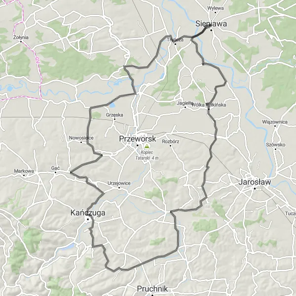 Map miniature of "The Road to Mikulice" cycling inspiration in Podkarpackie, Poland. Generated by Tarmacs.app cycling route planner