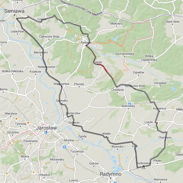 Map miniature of "The Historical Route" cycling inspiration in Podkarpackie, Poland. Generated by Tarmacs.app cycling route planner