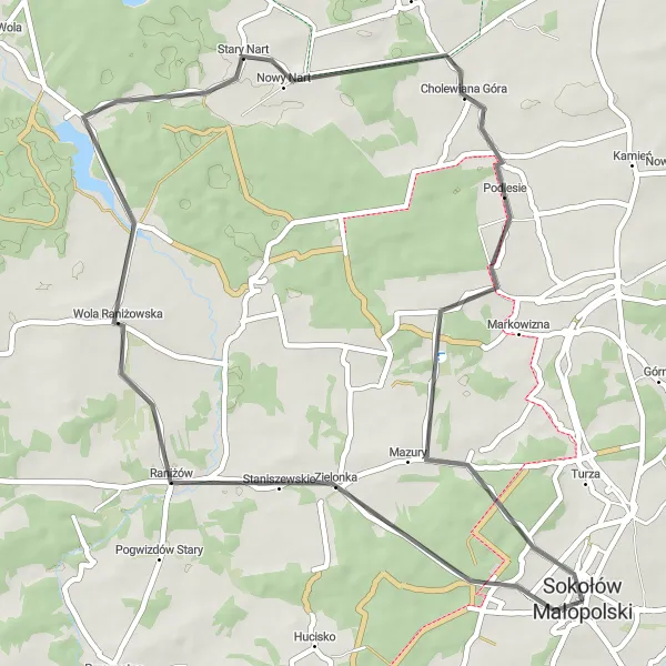 Miniatura mapy "Szlak Raniżów-Nart-Cholewiana Góra-Sokołów Małopolski" - trasy rowerowej w Podkarpackie, Poland. Wygenerowane przez planer tras rowerowych Tarmacs.app
