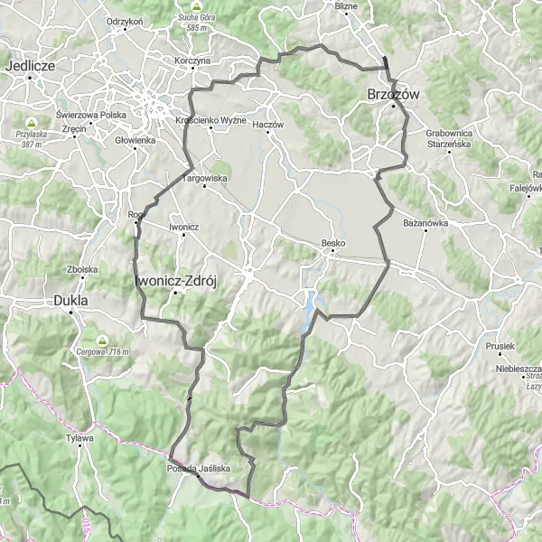 Map miniature of "The Mountain Challenge" cycling inspiration in Podkarpackie, Poland. Generated by Tarmacs.app cycling route planner