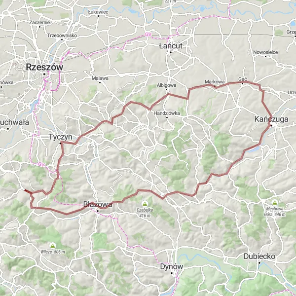 Map miniature of "Tyczyn and Kańczuga Gravel Route" cycling inspiration in Podkarpackie, Poland. Generated by Tarmacs.app cycling route planner