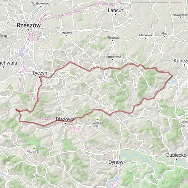 Map miniature of "Tyczyn and Hadle Szklarskie Gravel Route" cycling inspiration in Podkarpackie, Poland. Generated by Tarmacs.app cycling route planner