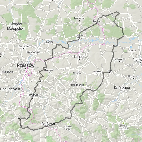 Map miniature of "The Tyczyn Traverse" cycling inspiration in Podkarpackie, Poland. Generated by Tarmacs.app cycling route planner