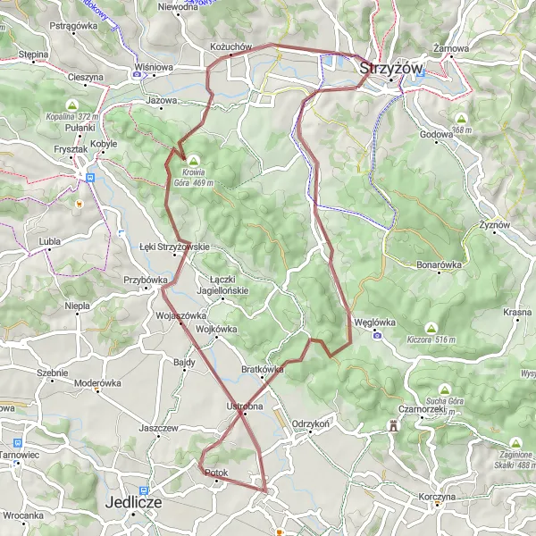 Map miniature of "Scenic Gravel Ride" cycling inspiration in Podkarpackie, Poland. Generated by Tarmacs.app cycling route planner