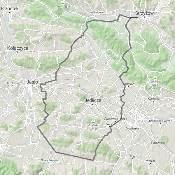 Map miniature of "Strzyżów Loop" cycling inspiration in Podkarpackie, Poland. Generated by Tarmacs.app cycling route planner