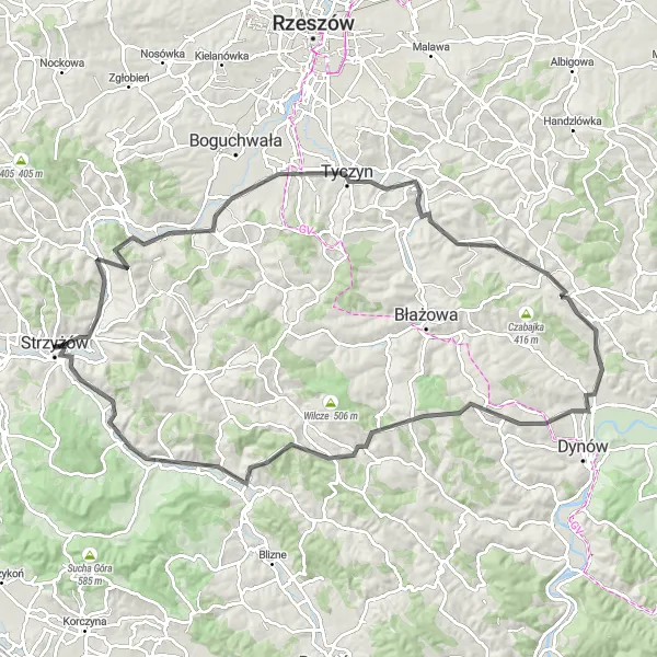 Miniatura mapy "Trasa przez Górę Zamkową, Tyczyn i Lutczę" - trasy rowerowej w Podkarpackie, Poland. Wygenerowane przez planer tras rowerowych Tarmacs.app