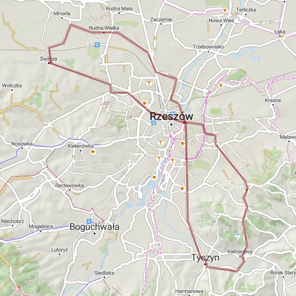 Miniatura mapy "Trasa gravelowa z Rzeszowa do Rudnej Wielkiej" - trasy rowerowej w Podkarpackie, Poland. Wygenerowane przez planer tras rowerowych Tarmacs.app