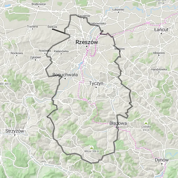 Map miniature of "Hillside Adventure in Malawa" cycling inspiration in Podkarpackie, Poland. Generated by Tarmacs.app cycling route planner