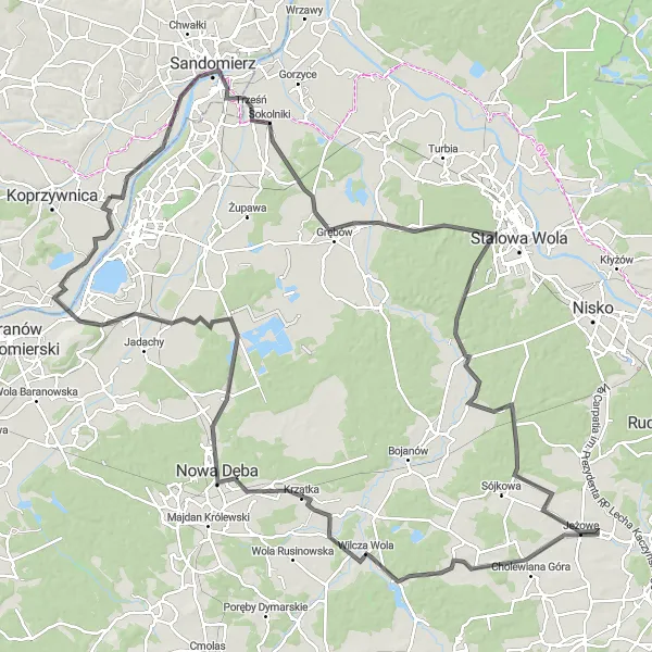 Miniatura mapy "Sandomierz and Surroundings Road Cycling Route" - trasy rowerowej w Podkarpackie, Poland. Wygenerowane przez planer tras rowerowych Tarmacs.app