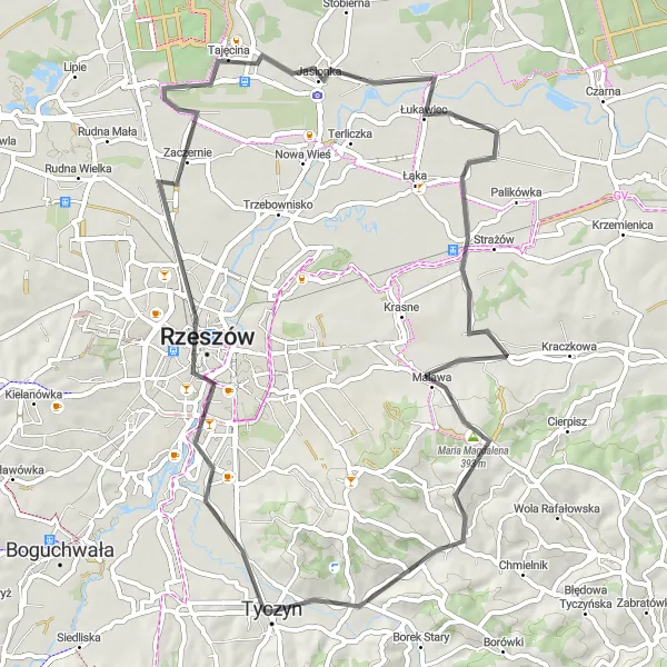 Map miniature of "Rzeszów and Malawa Loop" cycling inspiration in Podkarpackie, Poland. Generated by Tarmacs.app cycling route planner