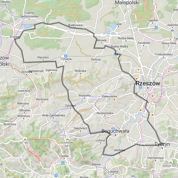Map miniature of "Tyczyn and Zamek Lubomirskich Road Ride" cycling inspiration in Podkarpackie, Poland. Generated by Tarmacs.app cycling route planner