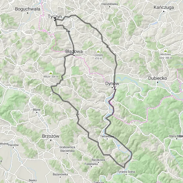 Map miniature of "Podkarpackie Loop" cycling inspiration in Podkarpackie, Poland. Generated by Tarmacs.app cycling route planner