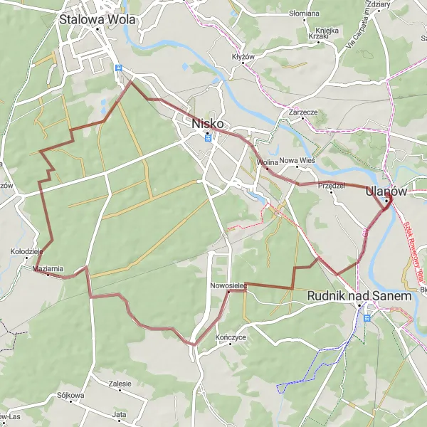 Map miniature of "Explore Nowosielec and Nisko" cycling inspiration in Podkarpackie, Poland. Generated by Tarmacs.app cycling route planner